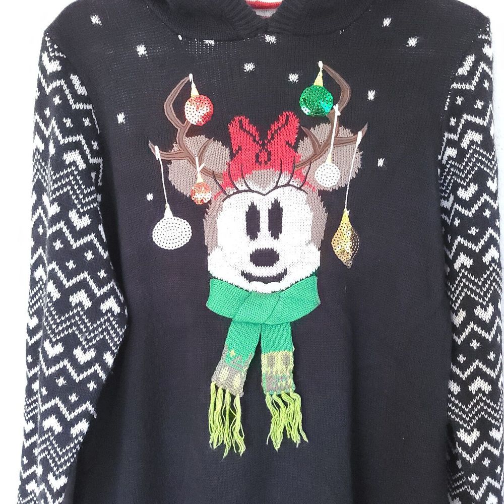 Disney Parks Ugly Christmas Sweater Hoodie Dress Womans Large Minnie Mouse Ears - Picture 8 of 16